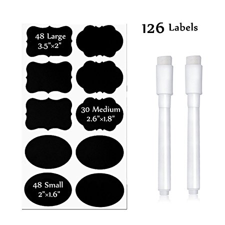 Chalkboard Labels, Vrich 126pcs Waterproof Removable Chalkboard Pantry Stickers with 2 White Chalk Markers For Spices, Mason Jars, Kitchen Containers