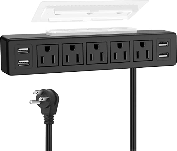 Black Under Desk Power Strip, Adhesive Wall Mount Power Strip with USB,Desktop Power Outlets, Removable Mount Multi-Outlets with 4 USB Ports, Power Socket Connect 5 Plugs for Home Office Reading