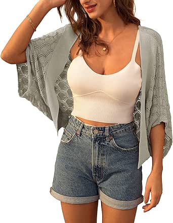 GRACE KARIN Womens Crochet Summer Cardigan Shrug 2024 Lightweight Open Front Hollow-out Batwing Cardigan Sweater Outwear