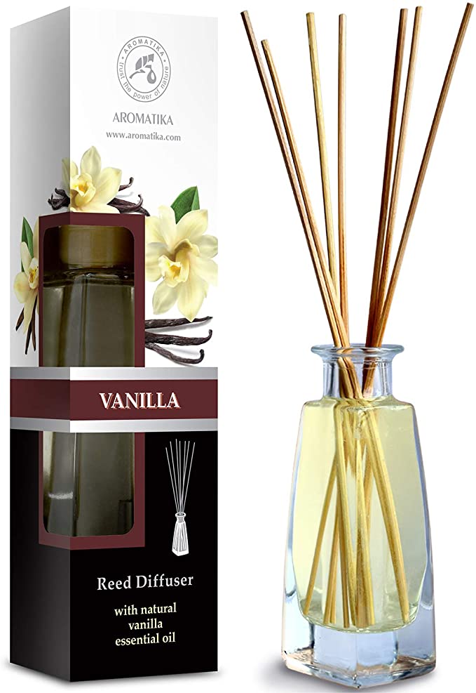 Reed Diffuser with Natural Essential Oil Vanilla 3.4oz (100ml) - Scented Reed Diffuser - Non Alcohol - Gift Set with Bamboo Sticks - Best for Aromatherapy - SPA - Home - Office - Fitness Club