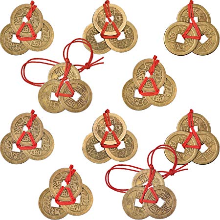 Boao 10 Sets Chinese Fortune Coins Feng Shui Coins I-Ching Coins Traditional Coins with Red String for Wealth and Success, 5 Styles