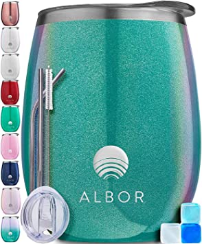 ALBOR Triple Insulated Wine Tumbler with Lid Stainless Steel 12 Oz Tumbler Glitter Emerald