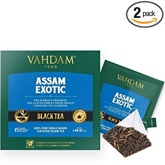 VAHDAM, Assam Black Tea (30 Tea Bags) - Long Leaf Assam Tea Bags - RICH & MALTY - Breakfast Tea Bags, FTGFOP1 Grade, 100% Certified Pure Unblended Assam Tea Loose Leaf - 15 Pyramid Tea Bags (Set of 2)