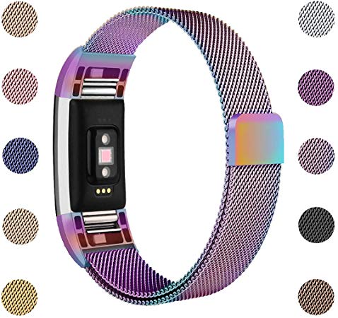 ametonuk Replacement Compatible with Fitbit Charge 2 Strap, Adjustable Metal Loop Stainless Steel Unique Magnetin Lock Metal Wristband, Small Large, Women/Men