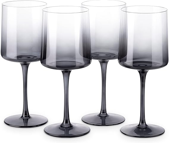 Navaris Gray Square Wine Glasses (Set of 4) - Smoke Color Wine Glasses with Stems - Glassware with Stem for Serving Wine, Cocktails, Beer, Dessert