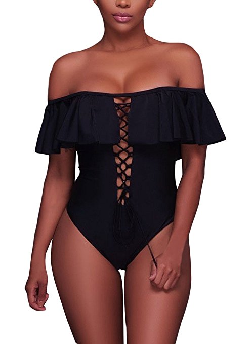 EVALESS Women's Solid Ruffle Off-The-Shoulder One Piece Padded Swimsuit