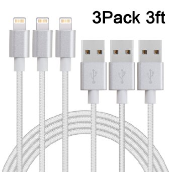 Sundix (TM) 3Pack 3FT Nylon Braided Lightning cords to USB Charge and Sync Cable Cord with Aluminum Connector for iPhone SE/5/6/6s/Plus/iPad Mini/Air/Pro (Silver)