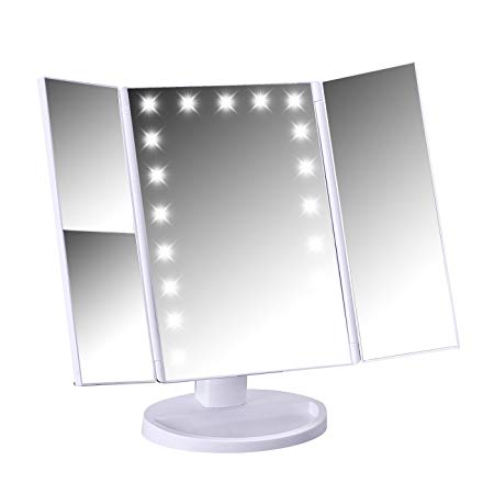 HDE Lighted Vanity Make Up Mirror Tri-Fold Adjustable Bathroom Mirror 21 LED Lights 1x/2x/3x Magnification and 180° Free Rotation