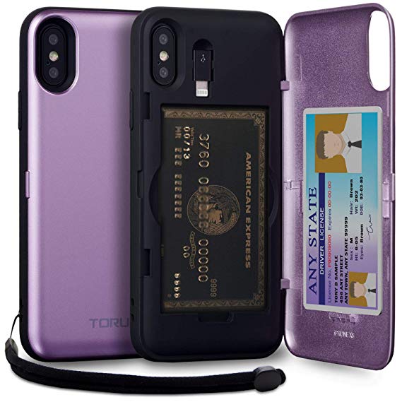 TORU CX PRO II iPhone Xs Wallet Case Purple with Hidden Credit Card Holder ID Slot Hard Cover, Strap, Mirror & Lightning Adapter for Apple iPhone Xs (2018) / iPhone X (2017) - Lavender