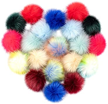 Cosweet 20pcs 4 Inch DIY Faux Fox Fur Fluffy Pompom Ball- Faux Fox Fur Pom Pom Balls with Elastic Loop Removable Knitting Hat Accessories for Hats Shoes Scarves Bags Keychains (10 Color-Light)
