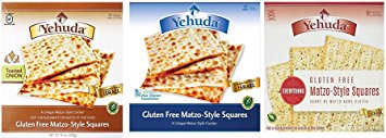 Yehuda Matzo Crackers Squares , Matzos Gluten Free, Variety Pack (Original, Toasted Onion, Everything) 10.5 oz. each