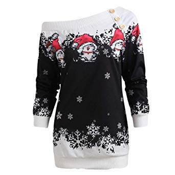 WOCACHI Womens Christmas Blouses Snowflake Skew Neck Pullover Cat Tops Shirt