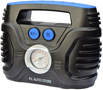 P.I. Auto Store - Tyre Inflator - Dual Electric Power 12V DC (vehicle) 110V AC (mains). Portable Air Compressor Pump - with storage bag