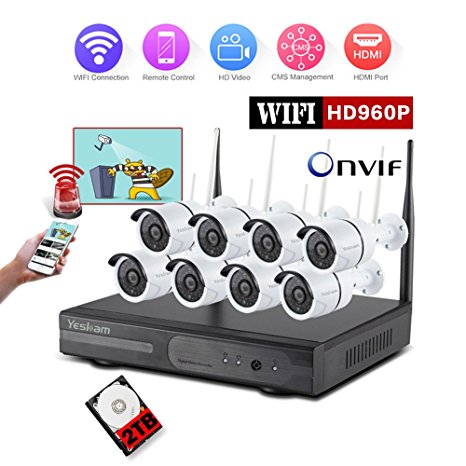 YESKAM Security Systems 8 cameras , Wireless Outdoor Security IP Camera with 8 Channel 960P WiFi P2P NVR CCTV Surveillance System,Remote view via Smartphone(8CH 960P with 2TB)