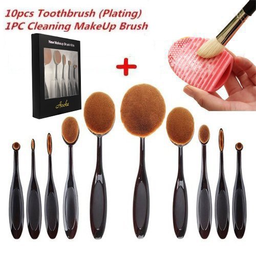 Aoohe Kabuki Oval Toothbrush Contour Makeup Brush Sets with Silicone Cleaning Mat Tools (Black10pcs)