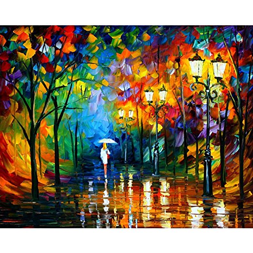 Van Eyck Withe Dress Girl Walking at the Rainy Night Colorful Palette Knife Oil Painting of Tree Wall Canvas linen Art Prints Pictures Wall Art for Bedroom Living Room HD-151