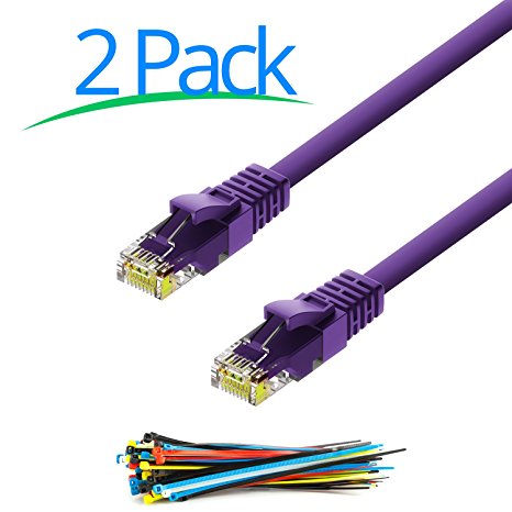 Cat6 Ethernet Cable - 1 Foot Cord - 2 Pack - Internet RJ45 Gigabit Cat6e Lan Cable With Snagless Connectors For Fast Network & Computer Networking   Cable Ties - Purple
