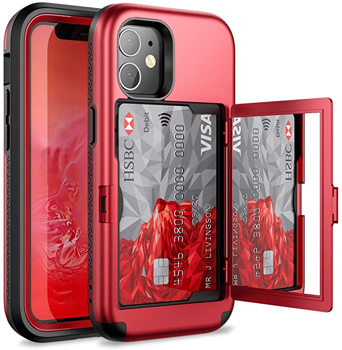 WeLoveCase for iPhone 12 Mini Wallet Case with Credit Card Holder & Hidden Mirror, Defender Three Layer Shockproof Heavy Duty Protection Cover Protective Case for iPhone 12 Mini - 5.4inch Red