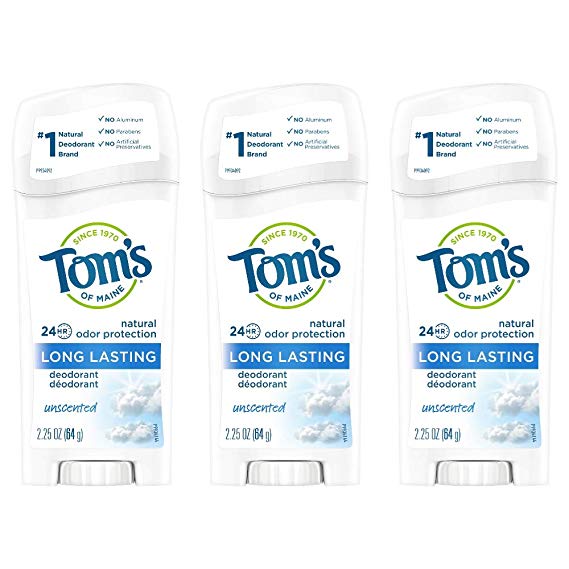 Tom's of Maine Long Lasting Deodorant, Natural Deodorant, Deodorant, Unscented, 2.25 Ounce, Pack of 3