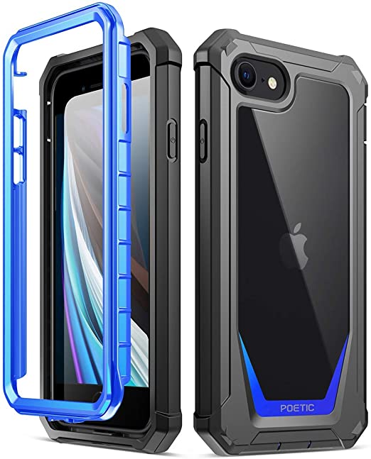 Poetic Guardian Designed Case for iPhone SE 2020 (2nd Gen), iPhone 8, iPhone 7, Full-Body Hybrid Shockproof Bumper Cover with Built-in-Screen Protector, Blue/Clear