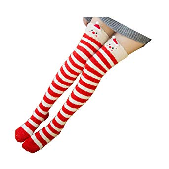 Cute Thigh High Long Striped Socks Coral Fleece Warm Soft Over Knee High Socks,Best Christmas Gift Women's and Girl's