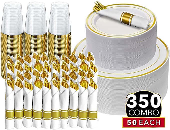 350 Piece Gold Dinnerware Set - 50 Guest - Disposable Gold Dinnerware Set - 100 Gold Rim Plastic Plates - 50 Pre-Rolled Linen Feel Napkins with Spoons, Forks, Knives - 50 Gold 10 OZ Plastic Cups