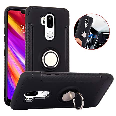 LG G7 Case, LG G7 ThinQ Case, Slim Drop Protection Cover, Ring Grip Holder Stand, Back Magnetic Circle with Air Vent Magnetic Car Vent Mount - Black