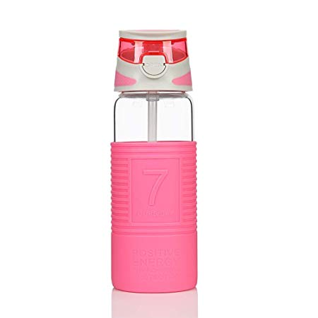 COMI Glass Water Bottle with Straw Insulated Silicone Sleeve and Flip Lid for Travel 400ml/14oz