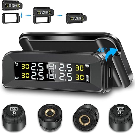 Jansite Tire Pressure Monitoring System TPMS -Solar Wireless Tire Pressure Monitor System with Removable Bracket with 4 External Sensors Real-time Temperature Pressure 1.5-6bar for Car SUV