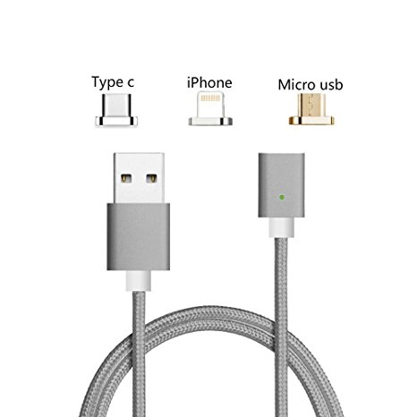 USB C Cable Magnetic,Animoeco Lightning USB C Micro 3 in 1 Multiple 2.4A Quick Charger Cable USB Nylon Braided For iPhone 7 7 plus/ 6 6s Plus/iPad Samsung Galaxy S6 S7 S8 plus Lg V20 (gun)