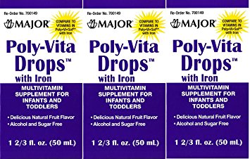 Poly Vitamin Liquid with Iron Sugar & Alcohol Free Natural Fruit Flavor Generic for Enfamil Poly-Vi-Sol Multivitamin Supplement Drops for Infants and Toddlers Measuring Syringe Included 50 ml per Bottle Pack of 3