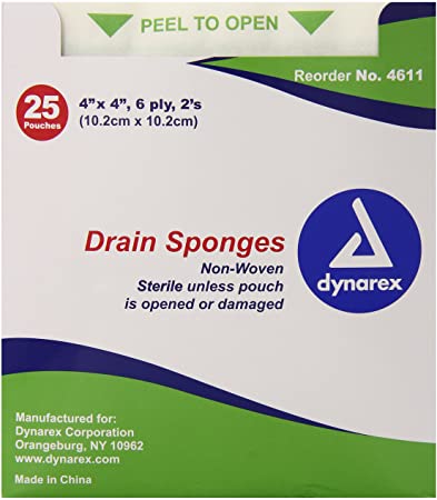 Dynarex Gauze Non-Woven Drain & IV Sponges, Sterile - 2/Pouch, 25 Pouches