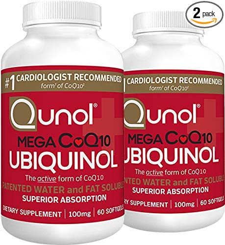 Qunol Mega Ubiquinol CoQ10 100mg, Superior Absorption, Patented Water and Fat Soluble Natural Supplement Form of Coenzyme Q10, Antioxidant for Heart Health, 60 Count Twin Pack