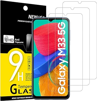 NEW'C 3 Piezas, Protector Pantalla para Samsung Galaxy M33 5G (6.6"), Cristal templado Antiarañazos, Antihuellas, Sin Burbujas, Dureza 9H, 0.33 mm Ultra Transparente, Ultra Resistente