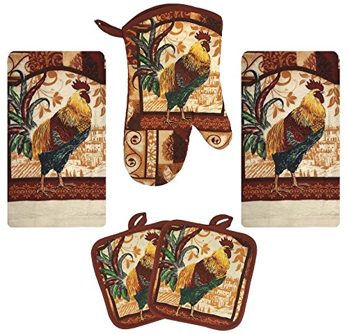 Kitchen Towel Set 5 Piece Towels Pot Holders Oven Mitt Decorative Design Everyday Use (5 Piece Set, Farm Rooster)