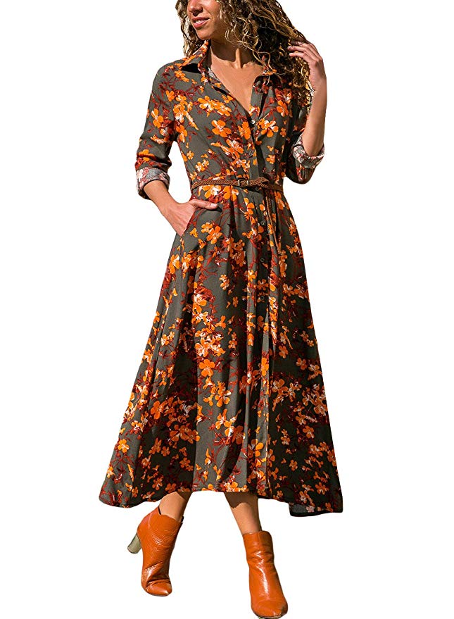 Dokotoo Womens Long Sleeve Floral Print Maxi Long Dress with Belt