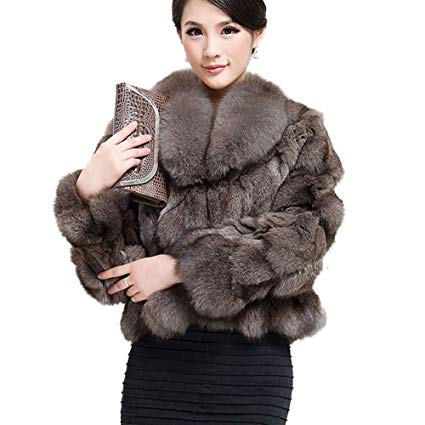 Fur Story Women's Real Fox Fur Coat with Fox Fur Collar Thick Warm Coat Full Sleeve