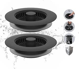 Hibbent 2 Pack All Metal Stainless Steel 3 in 1 Kitchen Sink Drain Strainer, Upgraded Sink Stop Combo, Anti-Clogging Stainless Steel Basket with Metal Handle for US Standard 3-1/2" Drain, Black