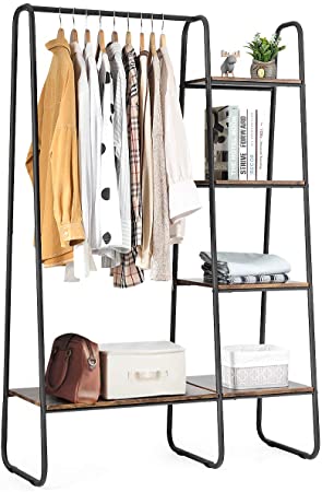 Tangkula Metal Garment Rack, Free Standing Closet Organizer with 5 Shelves & Hanging Bar, Heavy Duty Closet Storage Organizer Clothing Rack for Bedroom Entryway(Brown & Black)