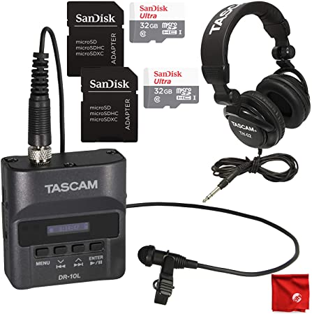 Tascam DR-10L Micro Portable Audio Recorder with Lavalier Microphone Bundle with TH-02 Headphones and 2X Sandisk 32GB SD Memory Cards