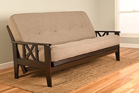 Kodiak Montreal X Espresso Futon Frame w/Quality 8 Inch Innerspring Mattress Sofa Bed Set Full Size (Stone Linen Matt and Frame Only)