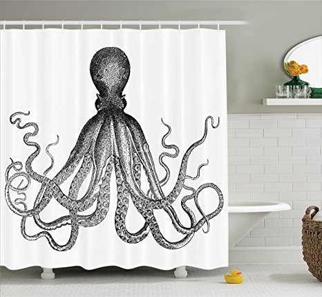 Ambesonne Nautical Decor Collection, Vintage Engraved Illustration of an Octopus Monochrome Art Polyester Fabric Bathroom Curtain Set with Hooks, Black And White