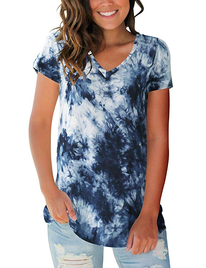 Women's Tops Tie Dye V Neck Summer Casual Short Sleeve T Shirts