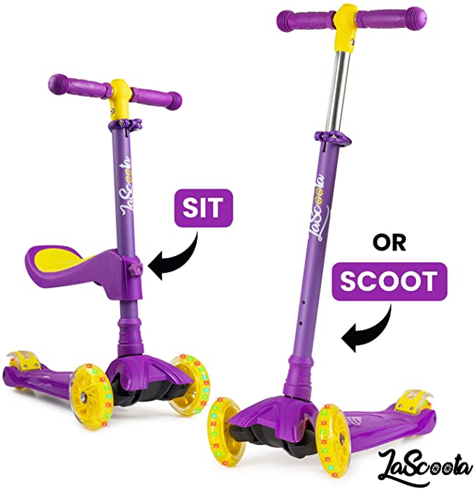 Lascoota 2-in-1 Kick Scooter with Removable Seat Great for Kids & Toddlers Girls or Boys – Adjustable Height w/Extra-Wide Deck PU Flashing Wheels for Children from 2-14 Years Old