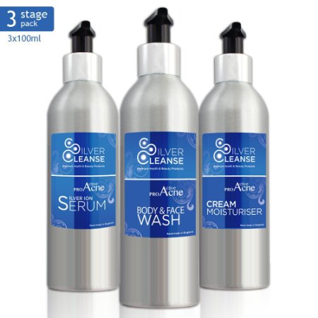 3 Stage Pro Active Acne Attack Pack Kit with SilverCleanse Colloidal Silver Ion Technology (SSIT) - Help eliminate inflammatory & non-inflammatory Acne from your face & body with our 3 stage acne attack pack Perfect for teenage spots and blemishes! - 6 week supply of these highly active organic anti acne solutions in 1 full pack.