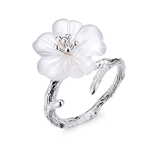 Lotus Fun S925 Sterling Silver Rings Flower in The Rain Open Crystal Ring Handmade Jewelry Unique Gift for Women and Girls