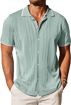 COOFANDY Men's Knit Button Down Shirt Vintage Short Sleeve Polo Shirts Casual Beach Tops