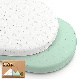 2-Pack Organic Bassinet Sheets for Girls, Boys - 100% Cotton Bassinet Mattress Sheets Compatible with Halo Bassinest Swivel Sleeper, Graco, Baby Delight, Chicco,Unisex Fitted Bassinet Sheets (Bunnies)