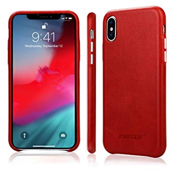 JISONCASE iPhone X Case, iPhone XS Leather Case, Genuine Leather Case with Aluminum Buttons for Apple iPhone X/XS Slim Protective Cowhide Back Cover - Red (JS-IPX-05A30)