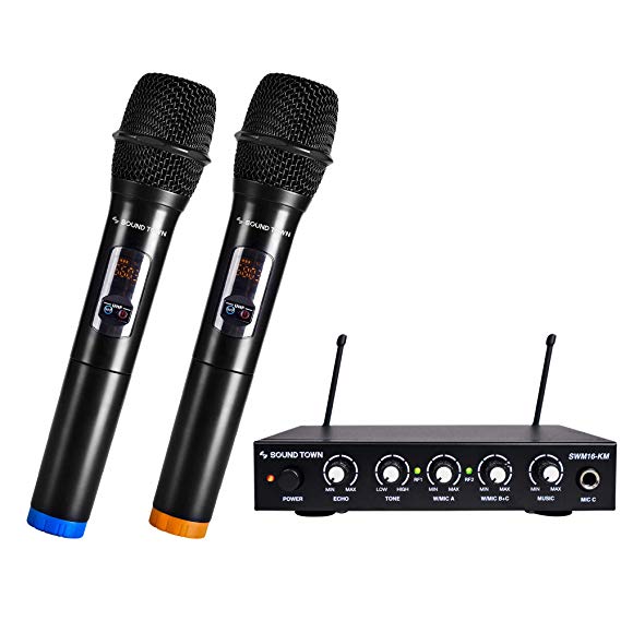 Sound Town UHF 16 Channels Wireless Microphone and Karaoke Mixer System with 2 Handheld Microphones, for Church, School, Wedding, Meeting, Karaoke (SWM16-KM)
